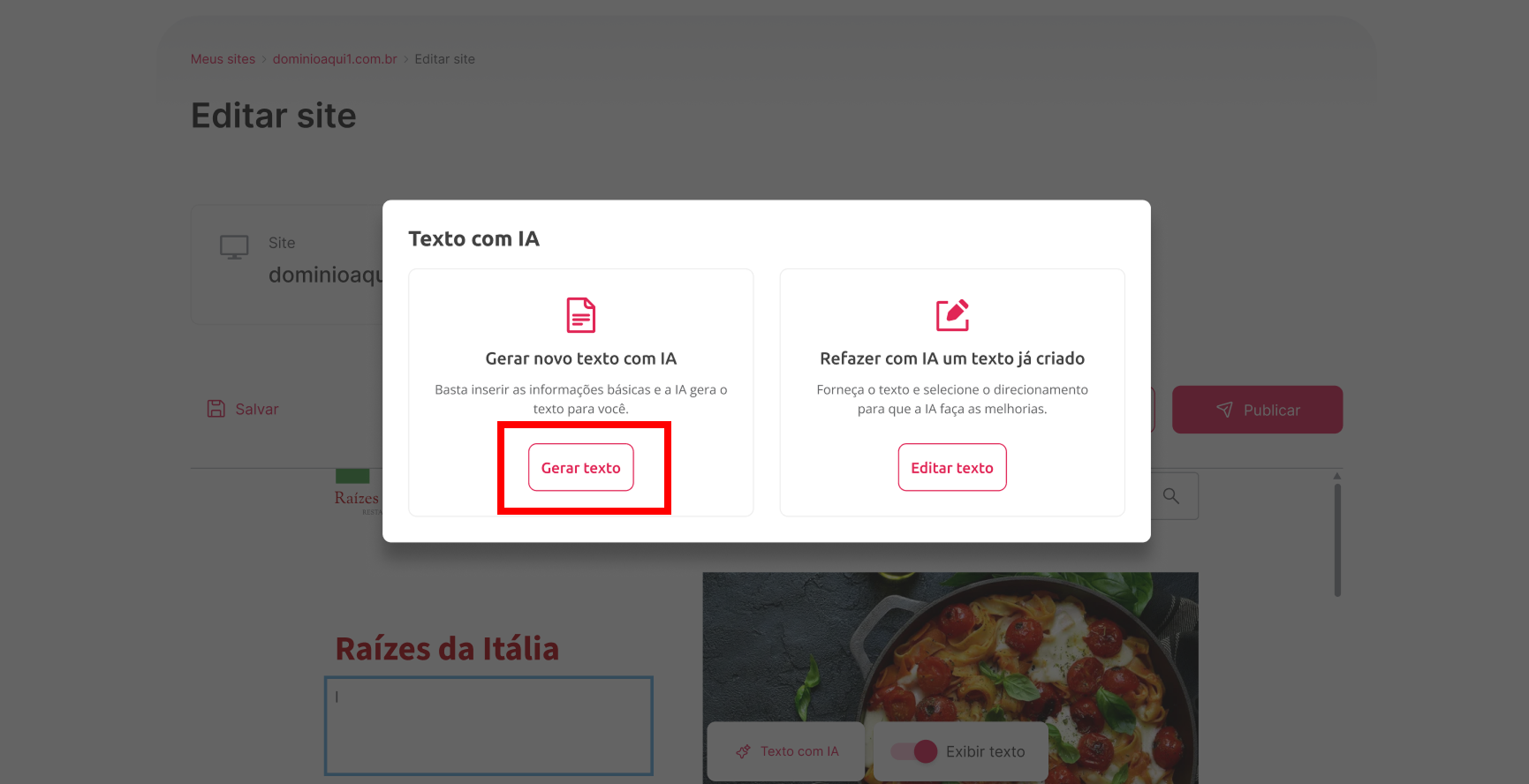 [Alt text: Imagem da área de criação de textos com IA. Na parte direita, está a opção de refazer um texto com IA. Já na área esquerda, a função de gerar novo texto com IA foi destacada.